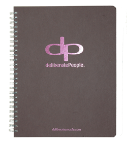 pink hot foil imprinting on a brown board wirebound journal