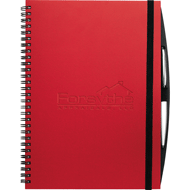 red pebble-textured faux leather wirebound journal book with elastic closure
